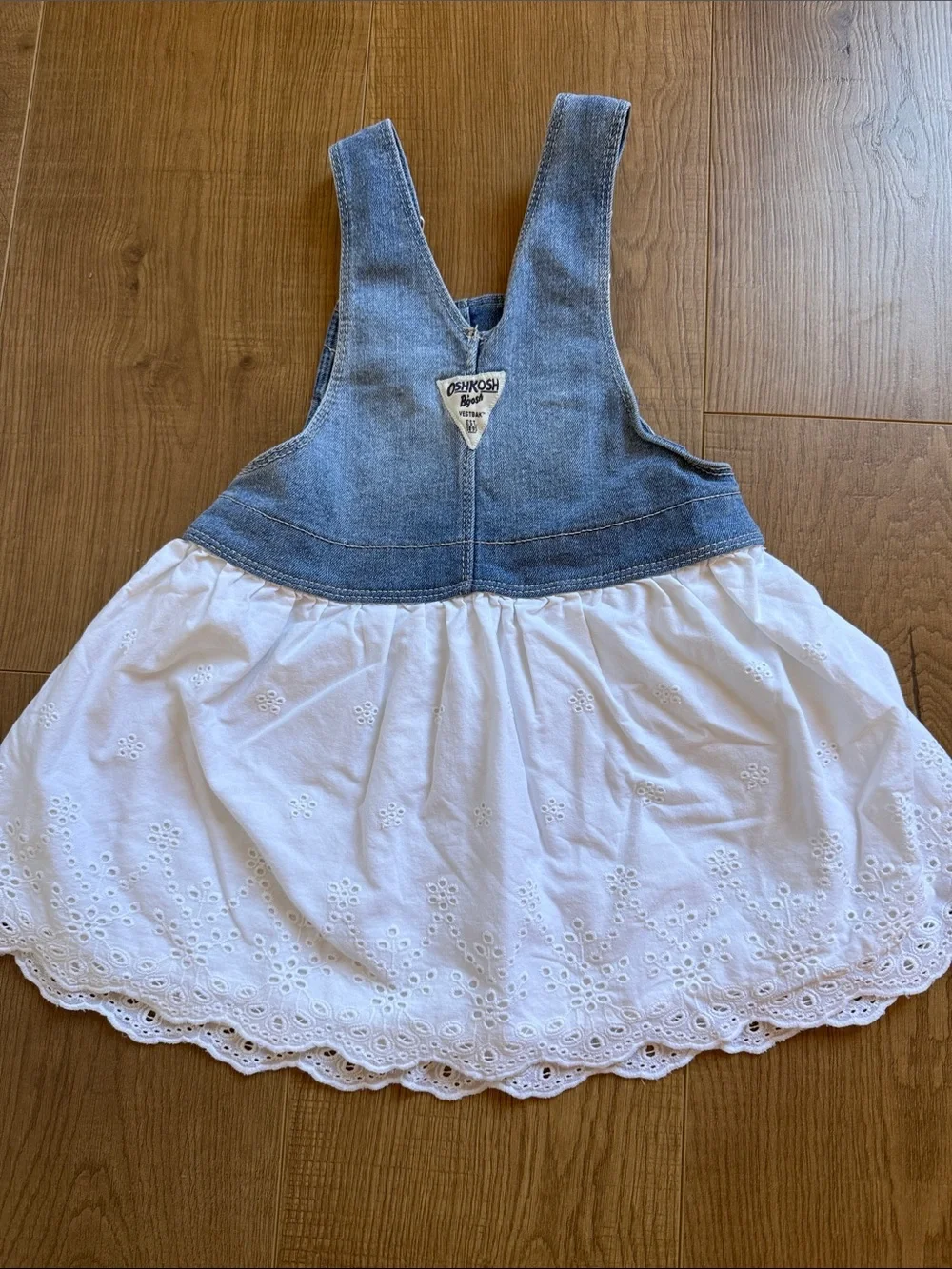 OshKosh B'gosh Blue Denim Bib Dress with White Eyelet Skirt